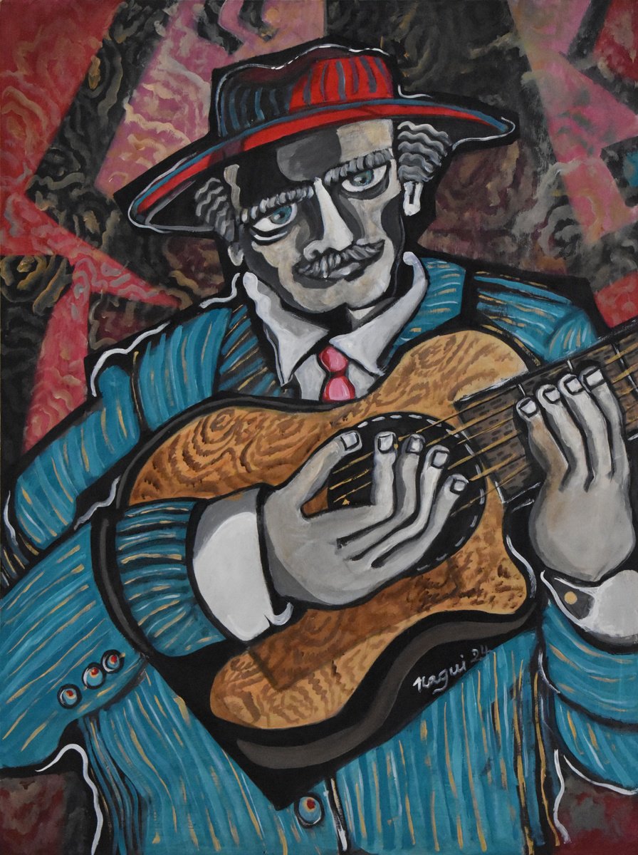 Expressive Portrait Acrylic Painting By Nagui, 18 X 24", Guitarist 245, Original Artwork