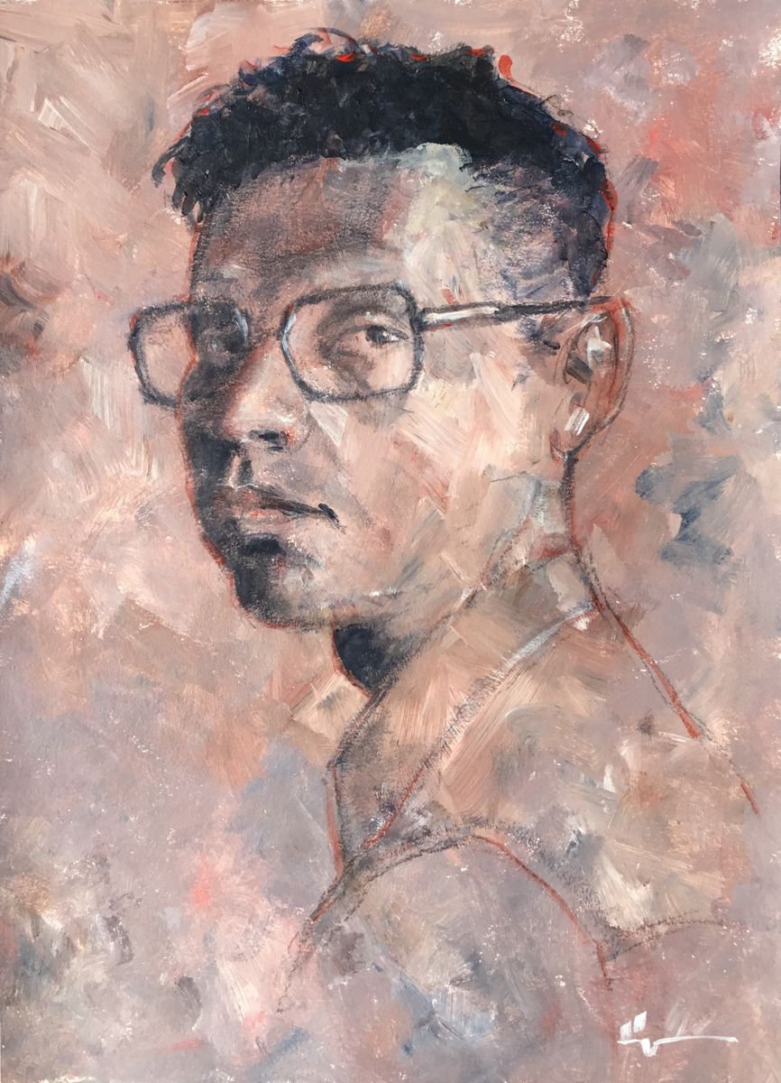 Expressive Portrait Acrylic Painting By Dominique Deve, 12 X 16, Young Man With Glasses, Original Artwork