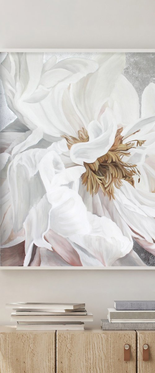 "Silver silk flowers 3" White peonies art by Olha