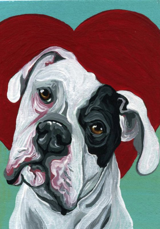 ACEO ATC Original Painting American Bulldog Valentine Pet Dog Art-Carla Smale