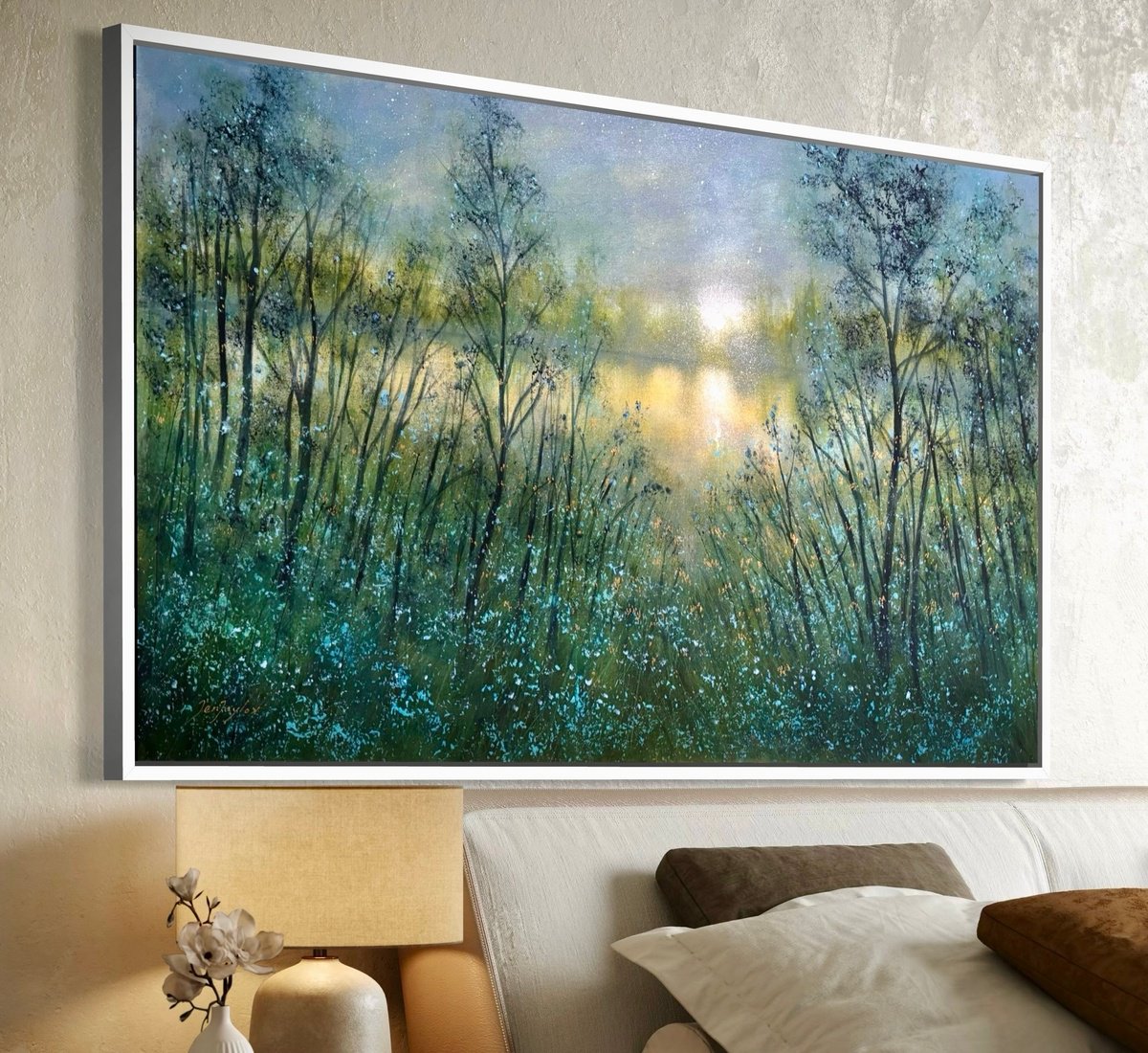 Impressionistic Landscape Oil Painting By Jennifer Taylor, 61 X 35, Midnight Reflections, Original Artwork