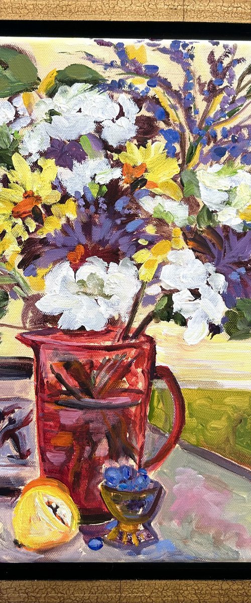 Carnations & Mums in Red Vase by Annette Wolters