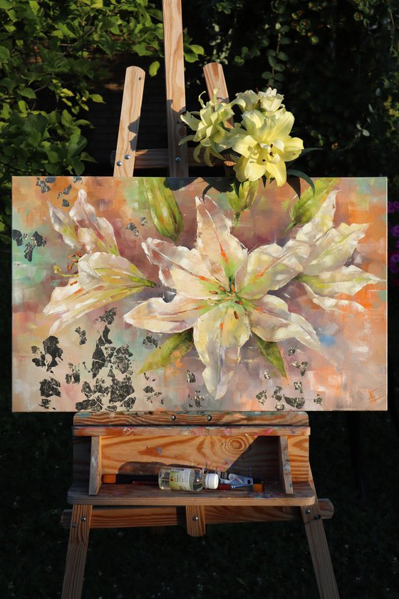 White lilies original oil painting with gold