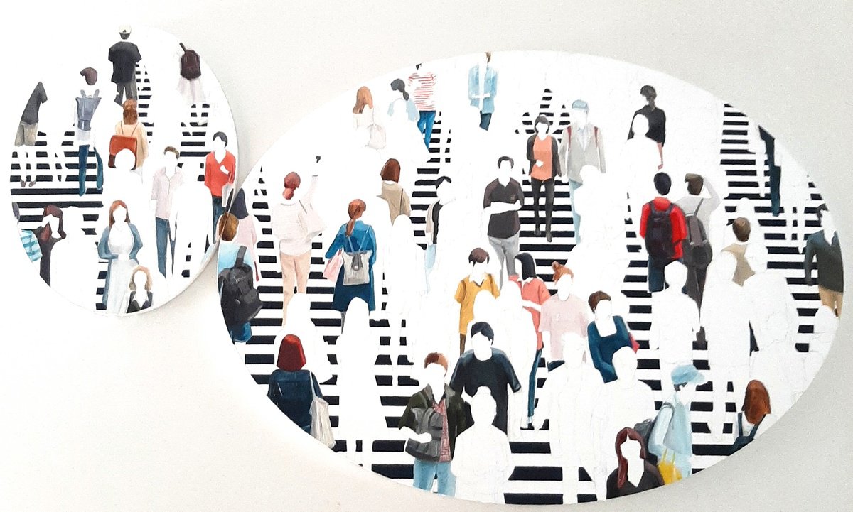 Urban And Pop Cityscapes Oil Painting By Martta Garcia, 35 X 24", Exterior Tangents, Original Artwork