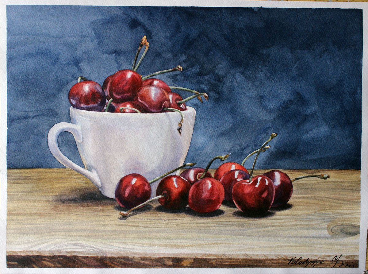 Illustrative Still Life Watercolour By Volodymyr Melnychuk, 15 X 11", Sweet Cherry, Original Artwork