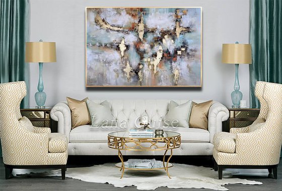 Summer Dance - Abstract Painting 60" x 40" Large Abstract Gold Leaf Soft Colors White Gray Painting