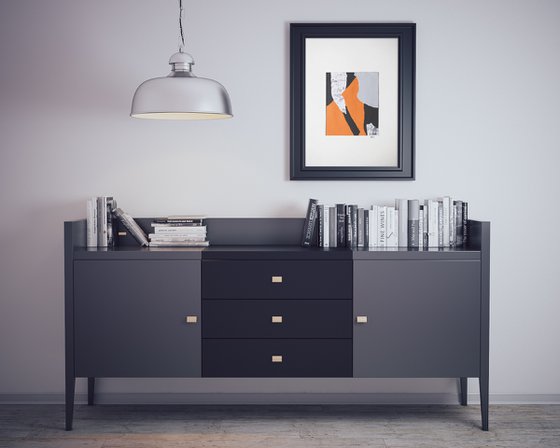 Minimalistic collage. Small artwork. Madrid series. 3. Black, orange and grey abstract interior gallery wall composition office home decor recycle