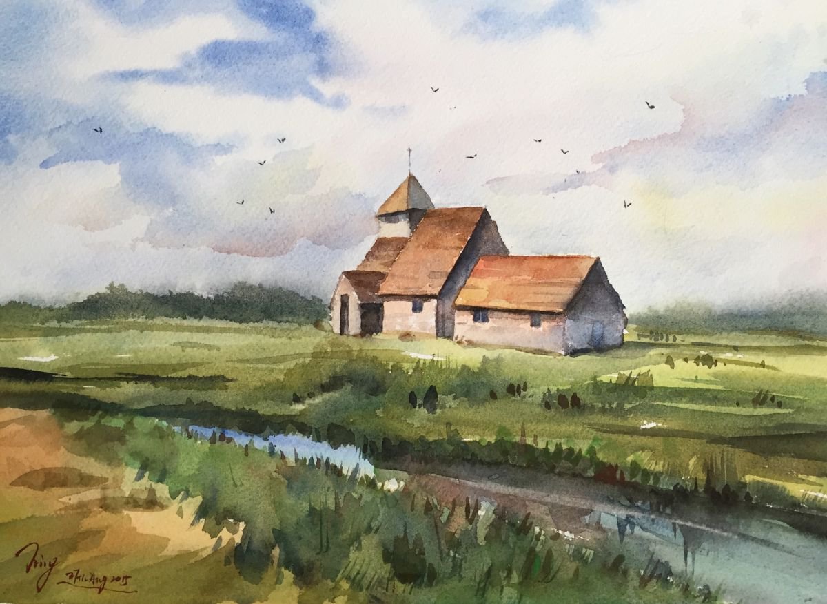 Impressionistic Landscape Watercolour By Jing Chen, 15 X 11, House By The Stream, Original Artwork
