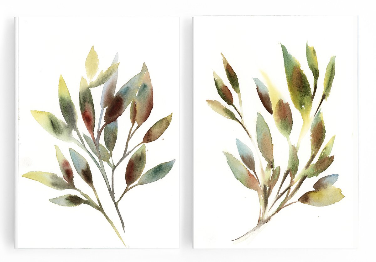 Greenery Leaves watercolor painting 2 set in green and brown by Sophie Rodionov