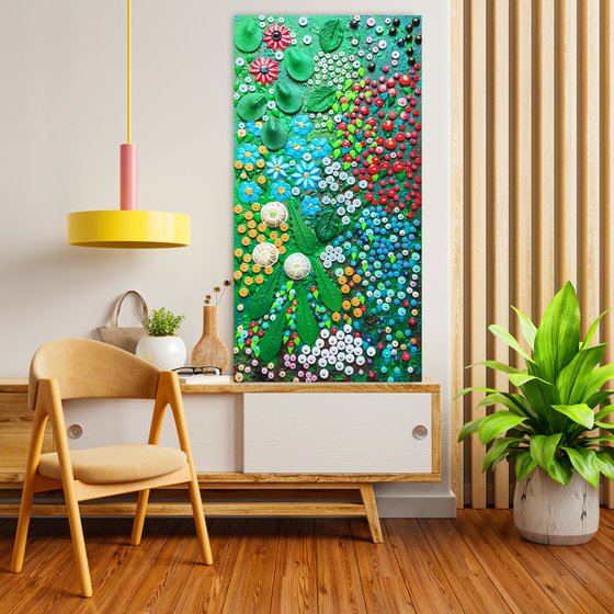COLORFUL SUMMER GARDEN with forget-me-nots and dandelions. Mosaic botanical floral abstract landscape