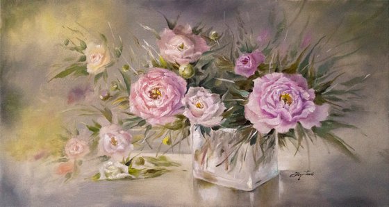 "Delicate Peonies" Original, oil painting on canvas, for landscape wall hanging.