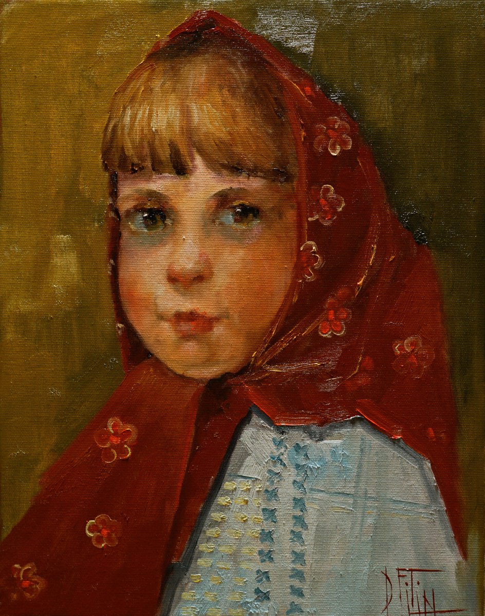 Impressionistic Portrait Oil Painting By Pavel Filin, 14 X 18", Girl In A Red Scarf, Original Artwork