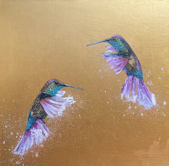 Two Hummingbirds on Gold