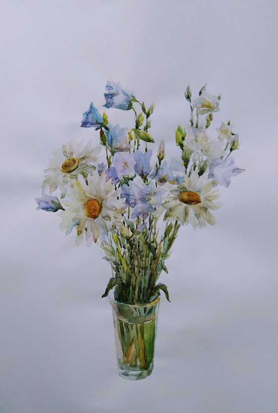 Bouquet with daisies and bluebells.  Original watercolour painting.