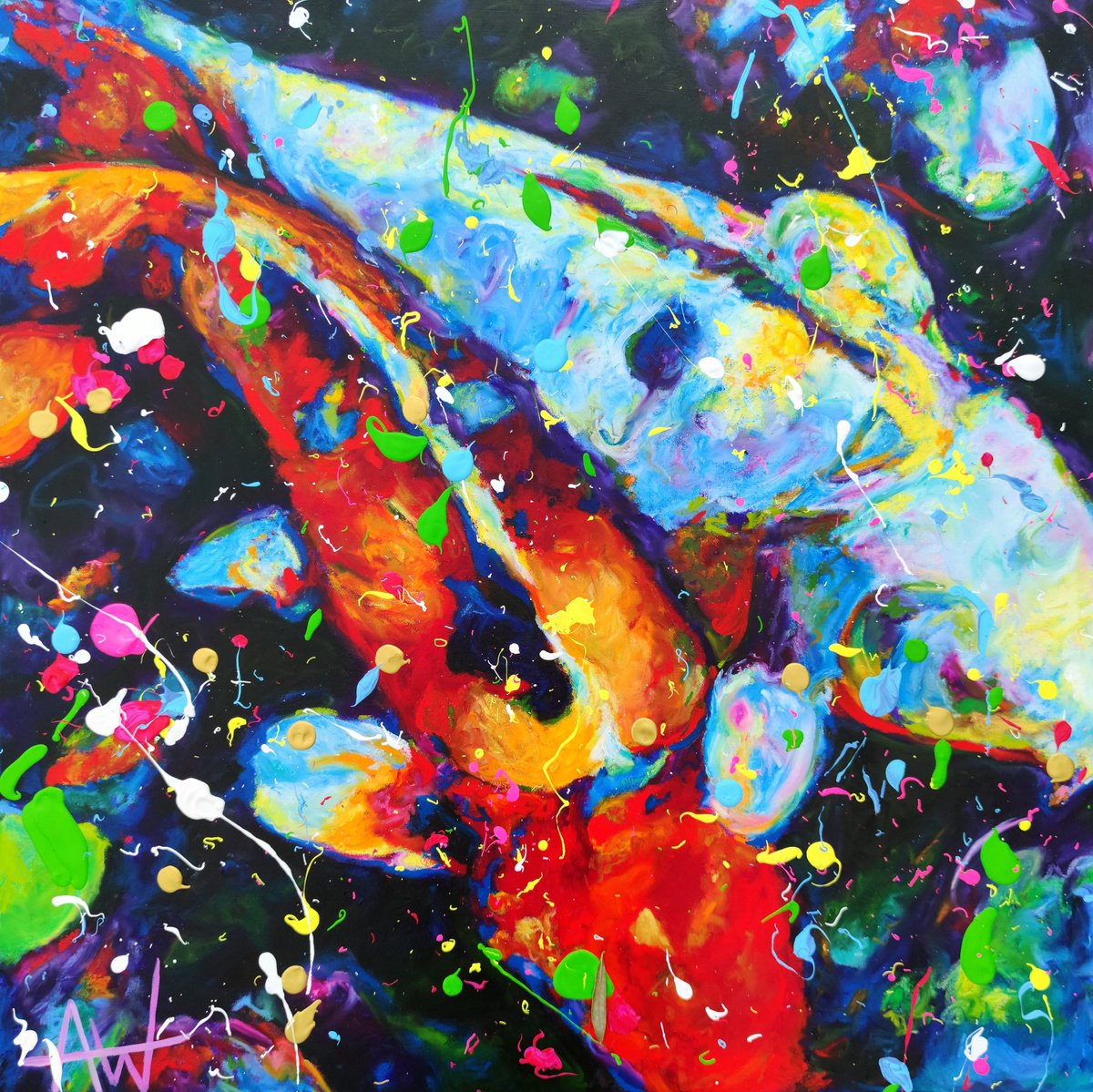 Abstract Animal Oil Painting By Angie Wright, 31 X 31, Water Dragons, Original Artwork