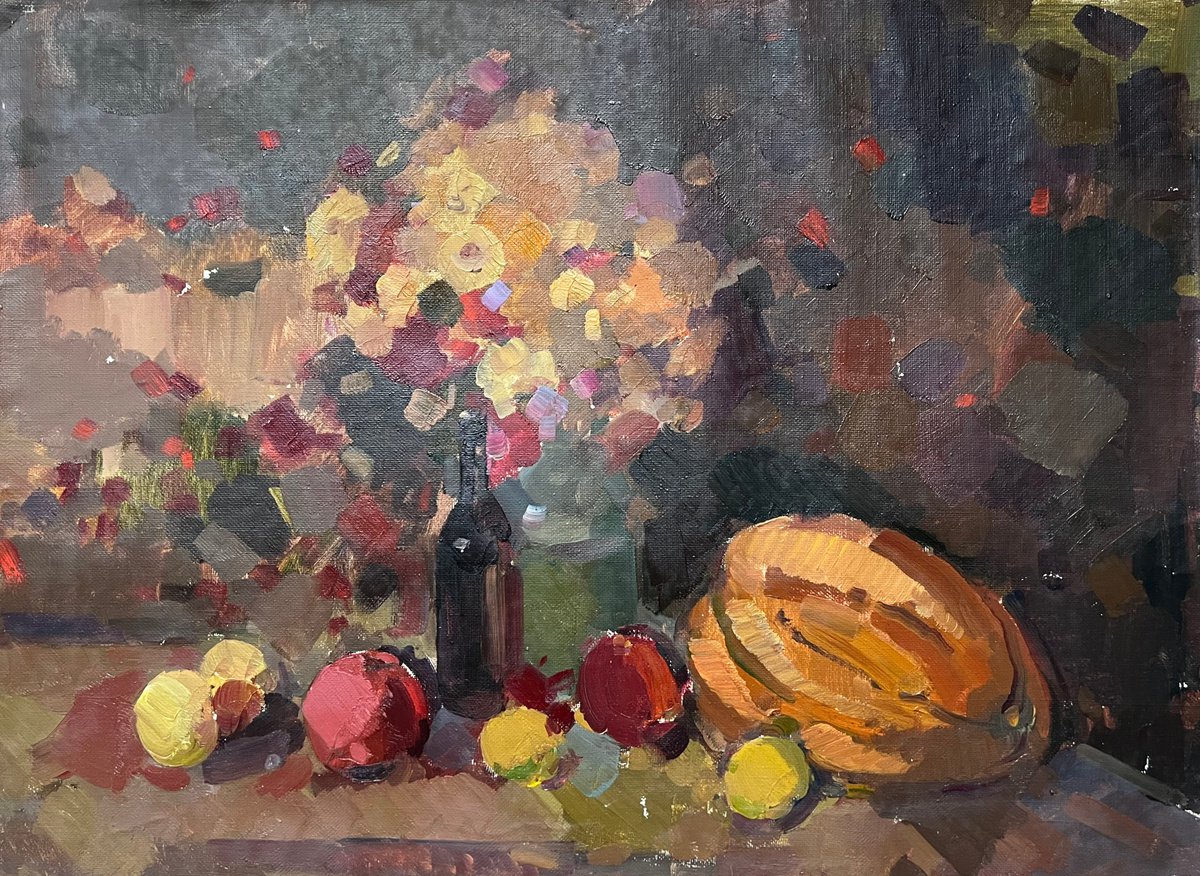Impressionistic Still Life Oil Painting By Peter Tovpev, 24 X 31", Evening Still Life, Original Artwork