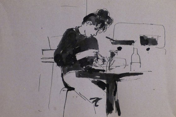 Eating with the chopsticks, double drawing 34x23 cm