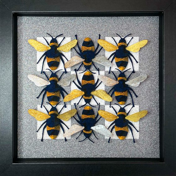 Making a Bee Line (Blue & Mustard on grey & silver glitter)