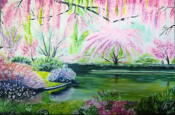 Spring garden, lake, trees, original oil painting