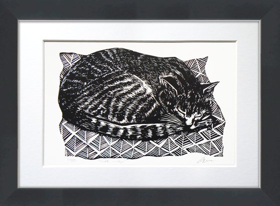 Cat nap linoprint - Framed and ready to hang