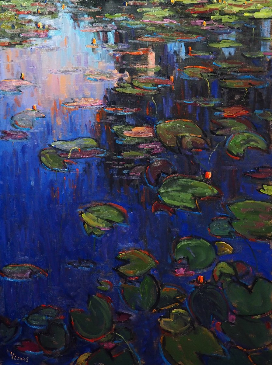 Impressionistic Landscape Oil Painting By Yuanyuan Liu, 24 X 31", Lotus Leaves, Original Artwork