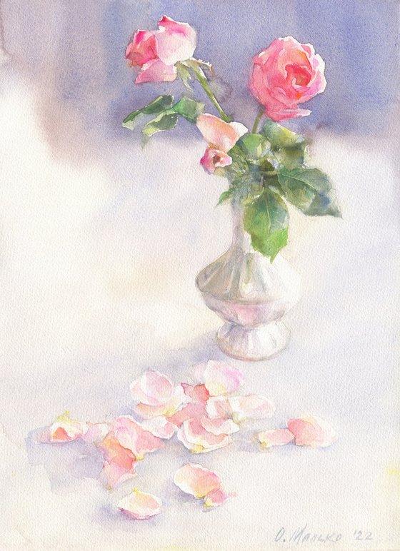 Last chords. Pink / ORIGINAL watercolor ~11x15in (28x37,5cm). Rose bouquet