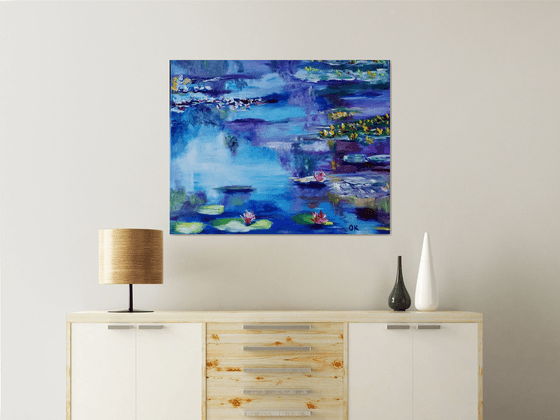 Water Lilies  92 x 76 x 2 cm inspired by Claude Monet  water reflections, purple, turquoise, blue sky