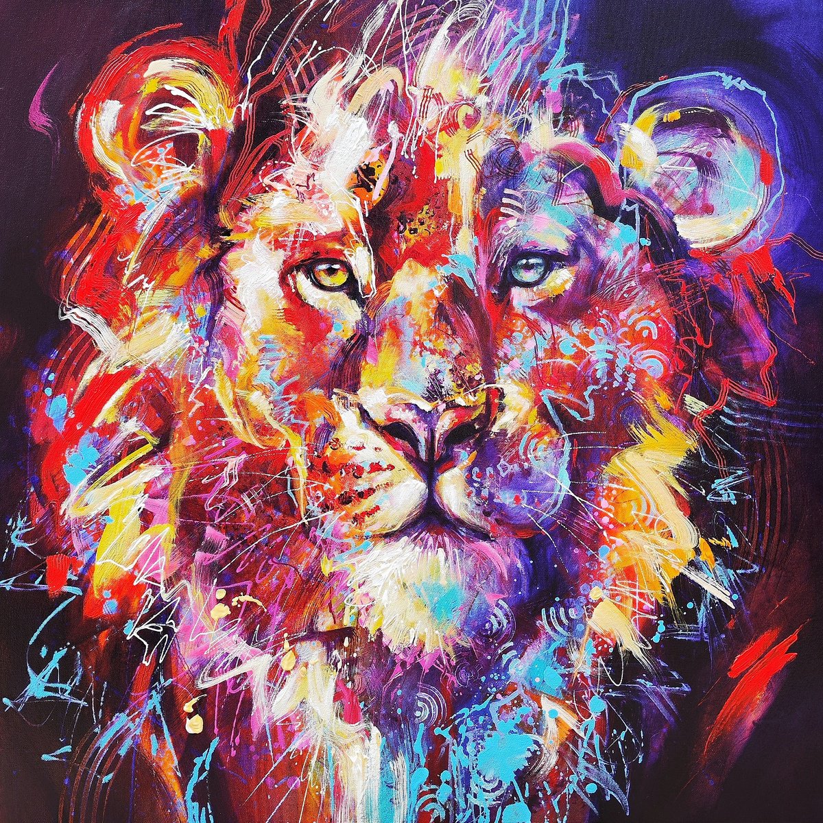 Expressive Animal Acrylic Painting By Anna Cher, 33 X 33, Lion, Original Artwork