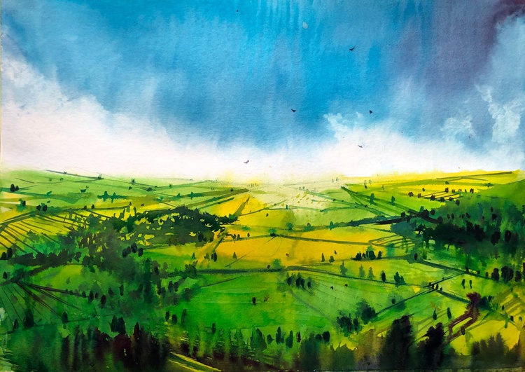 Spring Fields And Clouds Watercolor Painting Artfinder
