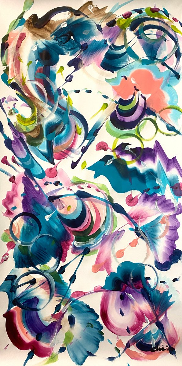 Organic Abstract Acrylic Painting By Daichi Matsusaki, 20 X 39, Color Dance 9-5-24, Original Artwork