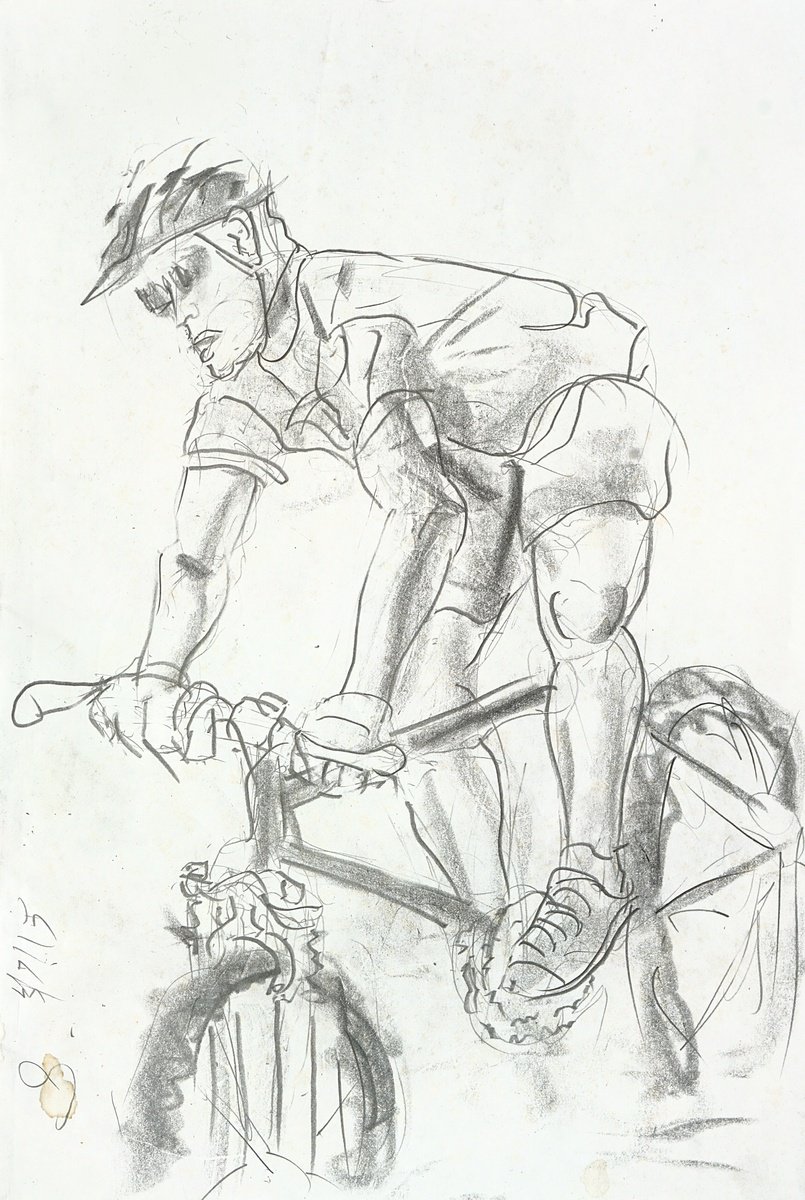 Expressive Portrait Pencil Drawing By Gordon T., 11 X 15, Cyclist ... Untitled, Original Artwork