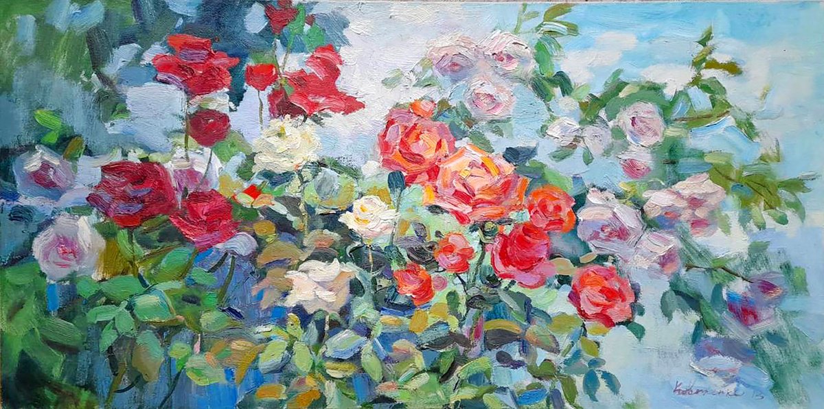 Impressionistic Botanical Oil Painting By Ivan Kovalenko, 31 X 16, Roses In The Garden, Original Artwork