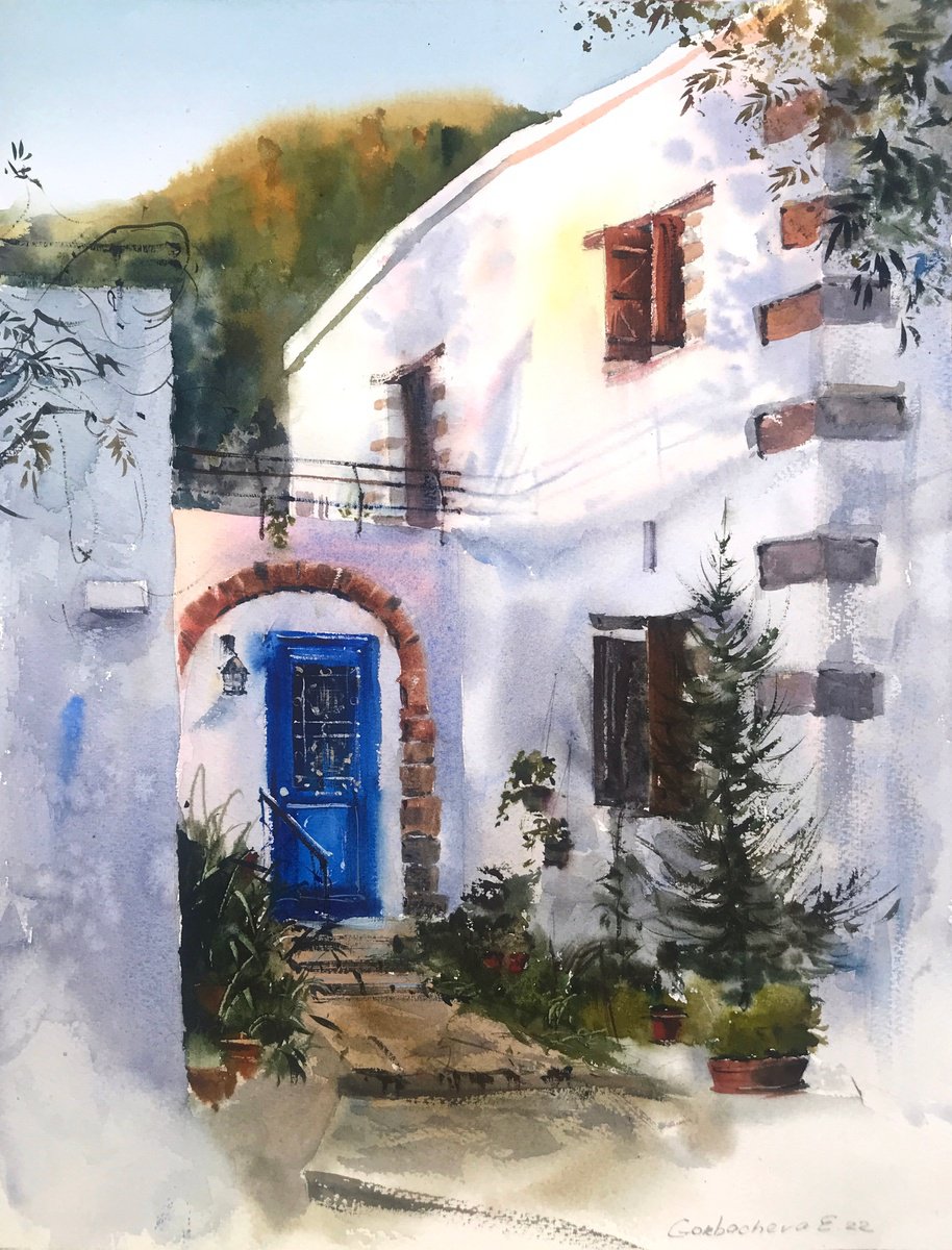 Impressionistic Cityscapes Watercolour By Eugenia Gorbacheva, 12 X 16, Greek Village Sunrise #3, Original Artwork