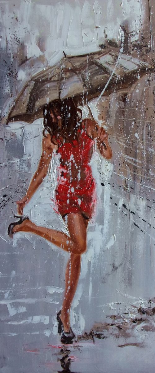" SUMMER DAY IN RAIN "  ABSTRACT original OIL painting CITY palette knife GIFT MODERN URBAN ART OFFICE ART DECOR HOME DECOR GIFT IDEA by Monika Luniak