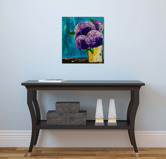 Purple and Pink  hydrangea on turquoise in a yellow vase palette  knife Original Acrylic painting office home decor gift