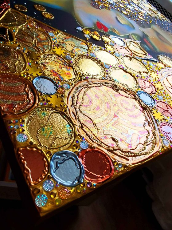 Love original painting. Golden decorative artwork with gold leaf. Gift for woman \ wife