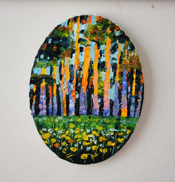 Landscape oval oil painting, original small canvas art, sunset trees wall art