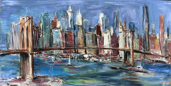 Brooklyn bridge, abstract impressionist painting 70x135cm