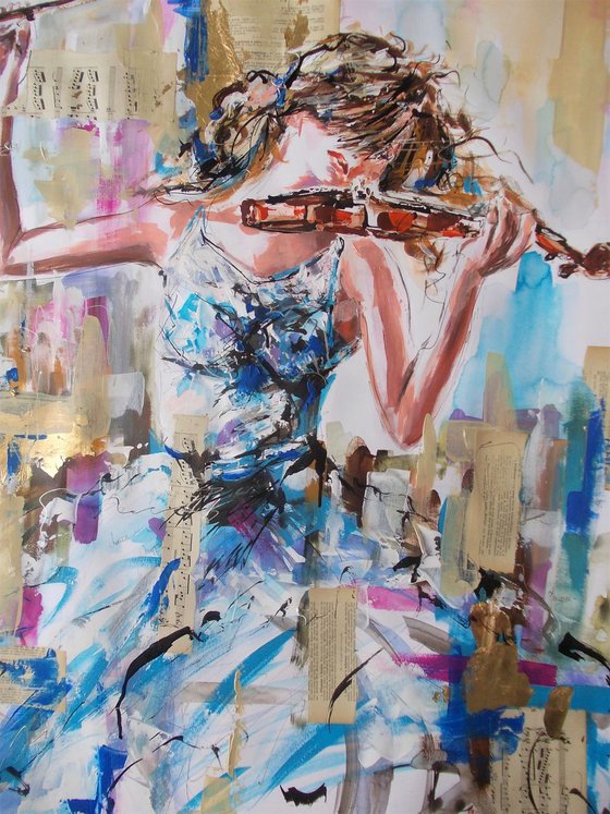 Allegro- Woman violinist acrylic mixed media painting on paper