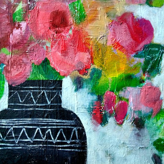 Roses in a Black Vase