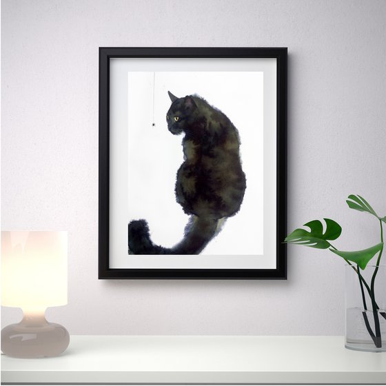 Black Cat and Spider - black cat watercolor - Halloween gift