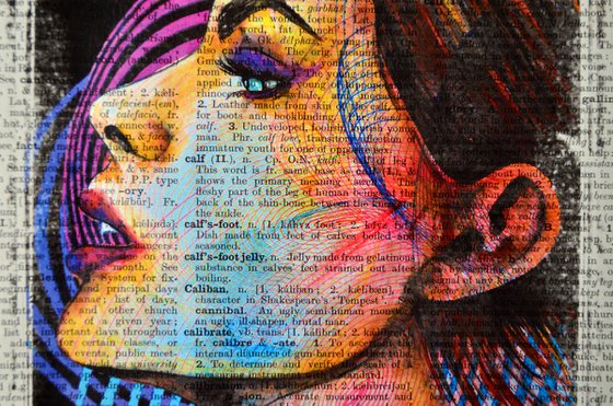 Fulfilled Girl - Collage Art on Large Real English Dictionary Vintage Book Page