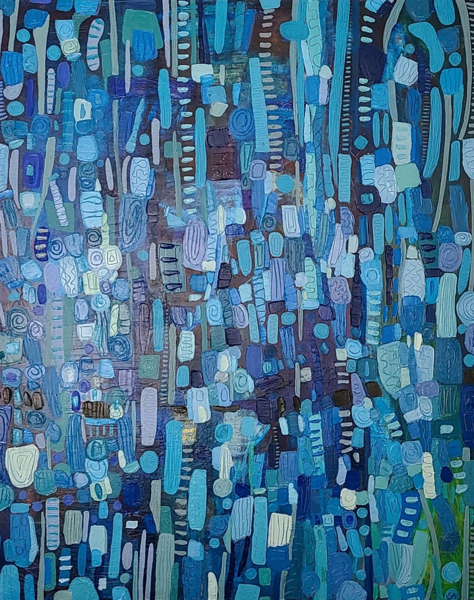 Abstract Oil Painting By Stacy Neasham, 48 X 60", Blue Connection, Original Artwork