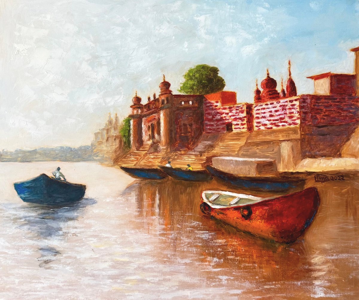 Impressionistic Cityscapes Oil Painting By Uma Krishnamoorthy, 19 X 16", Benaras - Chet Singh Ghat, Original Artwork