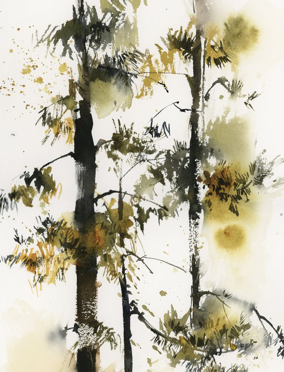 Pine Trees Landscape Watercolor Painting