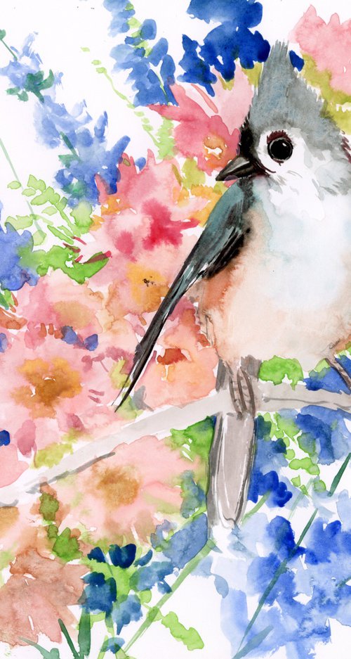 Titmouse Bird and Flowers by Suren Nersisyan