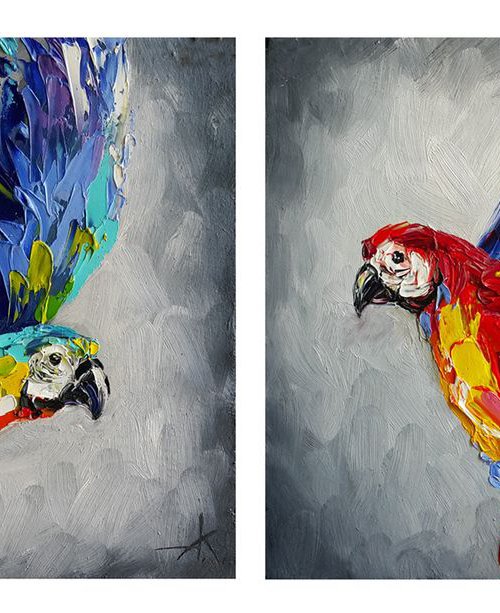 Diptych "Parrots" - bird, parrots, gift, love, birds love, parrots art, animals, oil painting by Anastasia Kozorez