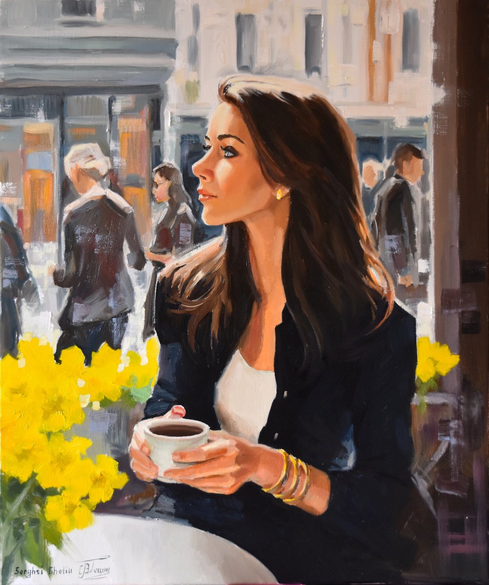 Impressionistic Portrait Oil Painting By Serghei Ghetiu, 20 X 24", A Cup Of Coffee For ..., Original Artwork