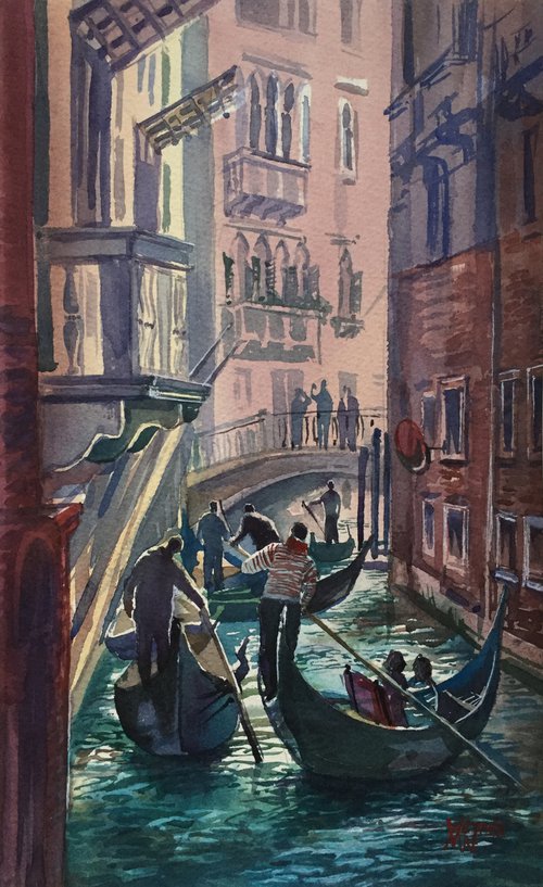 Gondoliers on the Venetian canals. by Natalia Veyner