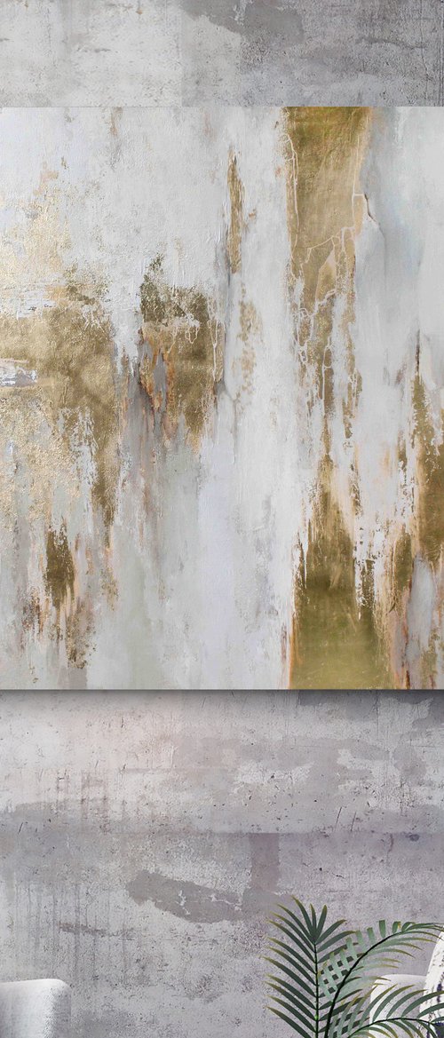 "Cascade 3" Abstract gold and white art by Yana Sagan